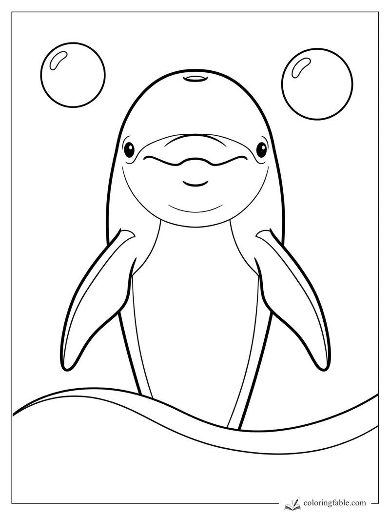 Minimalist smiling dolphin rising from a wave with two large bubbles above