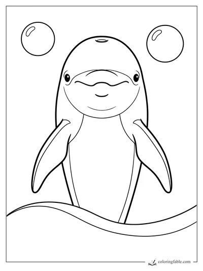 Minimalist smiling dolphin rising from a wave with two large bubbles above