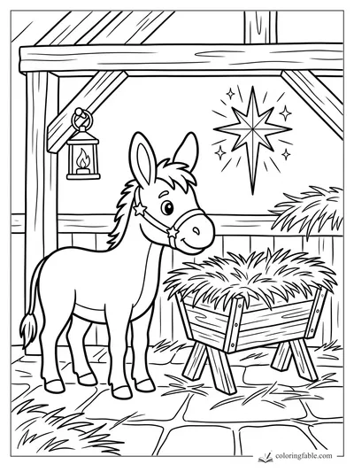 Cartoon Christmas donkey with star halter beside a straw manger, lantern, and shining stable star