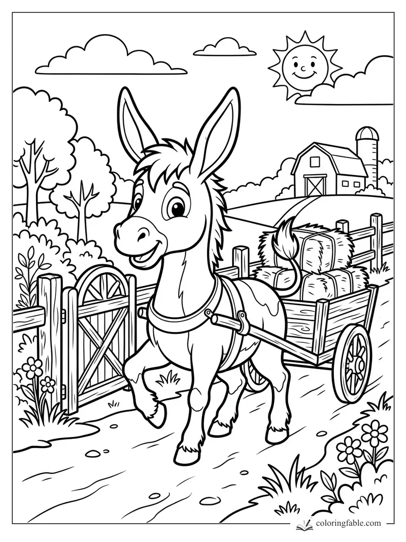Cartoon donkey pulling a hay wagon past a gate, with barn, silo, flowers, clouds, and smiling sun.