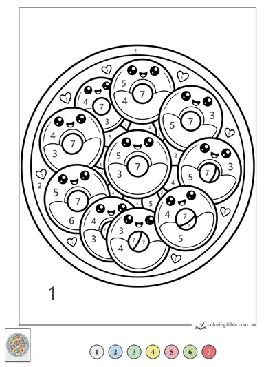 Smiling Donut Candies in a Heart-Rimmed Bowl — color by number