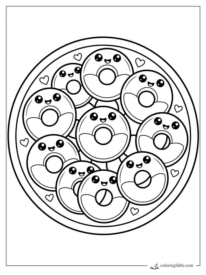 Kawaii donut candies with happy faces piled in a round bowl with tiny hearts