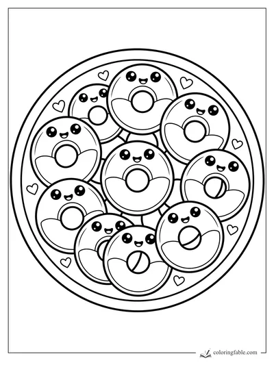 Kawaii donut candies with happy faces piled in a round bowl with tiny hearts