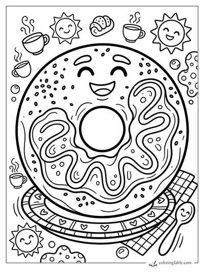 Cartoon smiling donut with icing, sprinkles, coffee cups, suns, cookies, and a happy spoon.