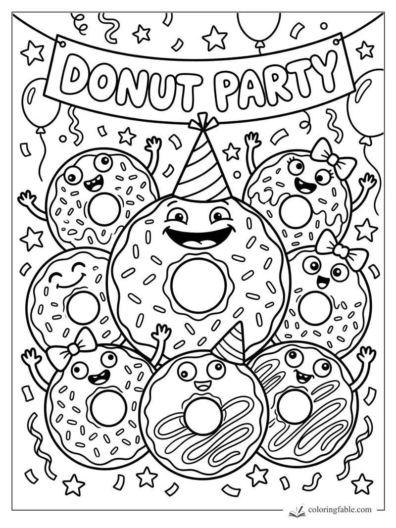 Doodle coloring page of smiling donuts stacked under a Donut Party banner with balloons, bows, stars, and confetti.
