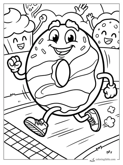Cartoon donut runner with sprinkles, sneakers, cheering cupcake and donut fans at a finish line