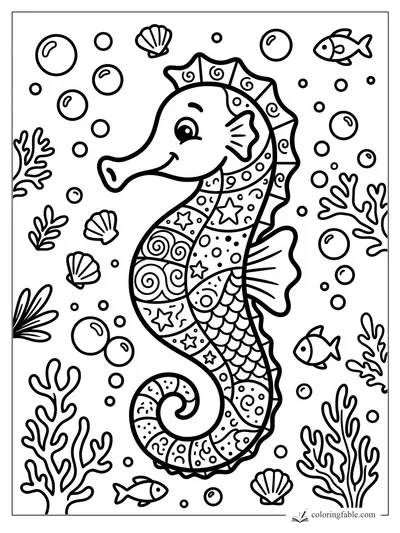 Smiling patterned seahorse with shells, fish, coral branches, and bubbles in doodle style