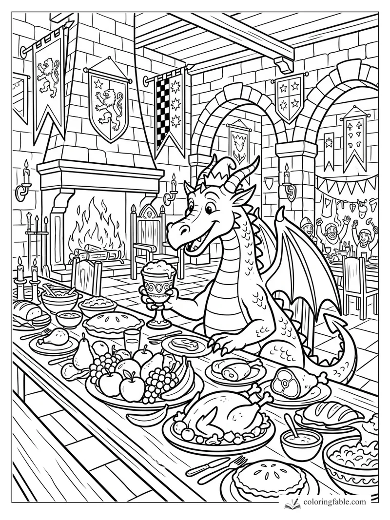 Happy dragon holding a goblet at a castle feast with banners, fireplace, fruit, pies, and roasted meats