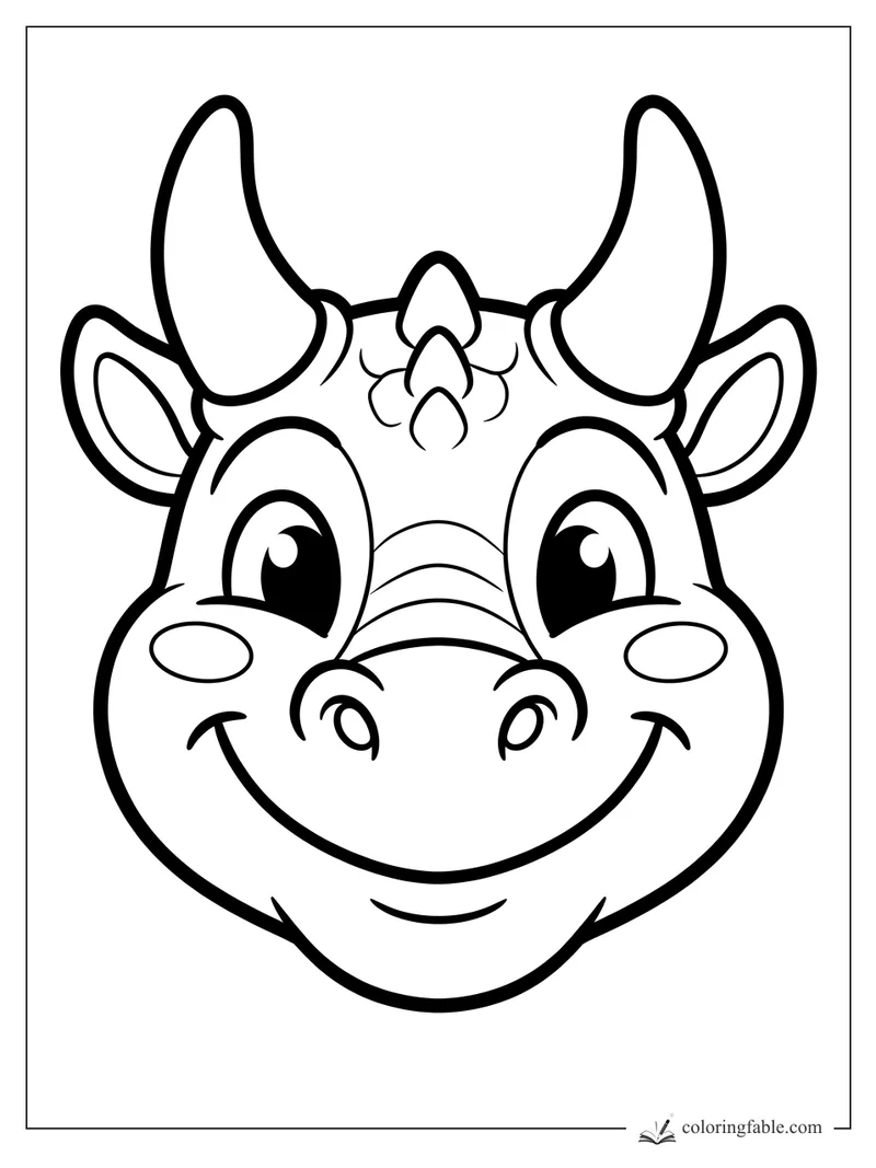 Bold easy dragon face coloring page with big curved horns, ears, cheek spots, and a wide smile.
