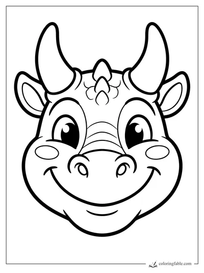 Bold easy dragon face coloring page with big curved horns, ears, cheek spots, and a wide smile.