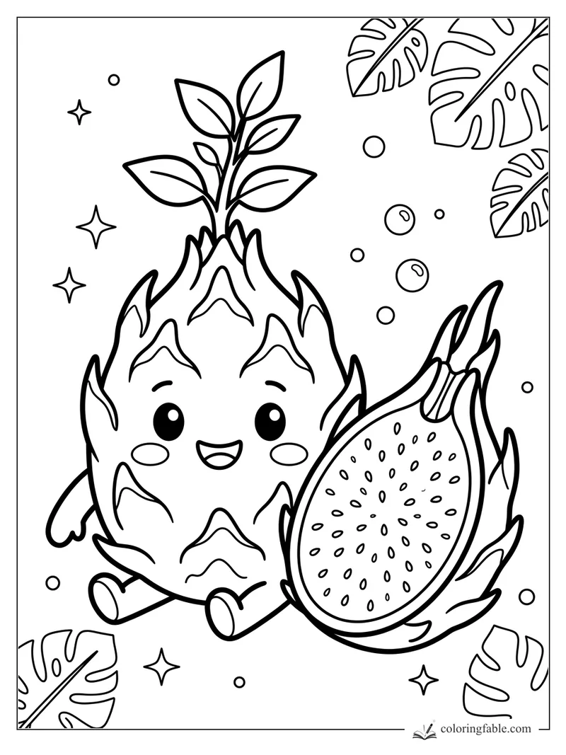 Kawaii dragon fruit with a leafy sprout, cut half, seeds, stars, bubbles, and tropical leaves.
