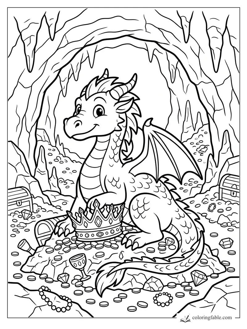 Cartoon dragon in a treasure cave holding a jeweled crown among coins, gems, chests, and stalactites.