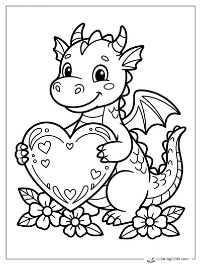 Cute dragon holding a decorated heart among flowers, with wings, horns, scales, and a curled tail.