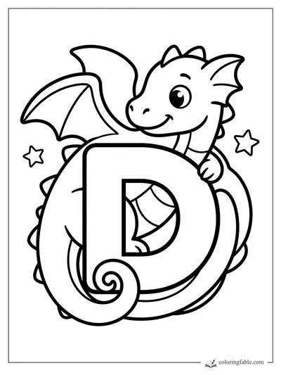 Cute dragon hugging a large letter D with one wing, a curly tail, and two stars