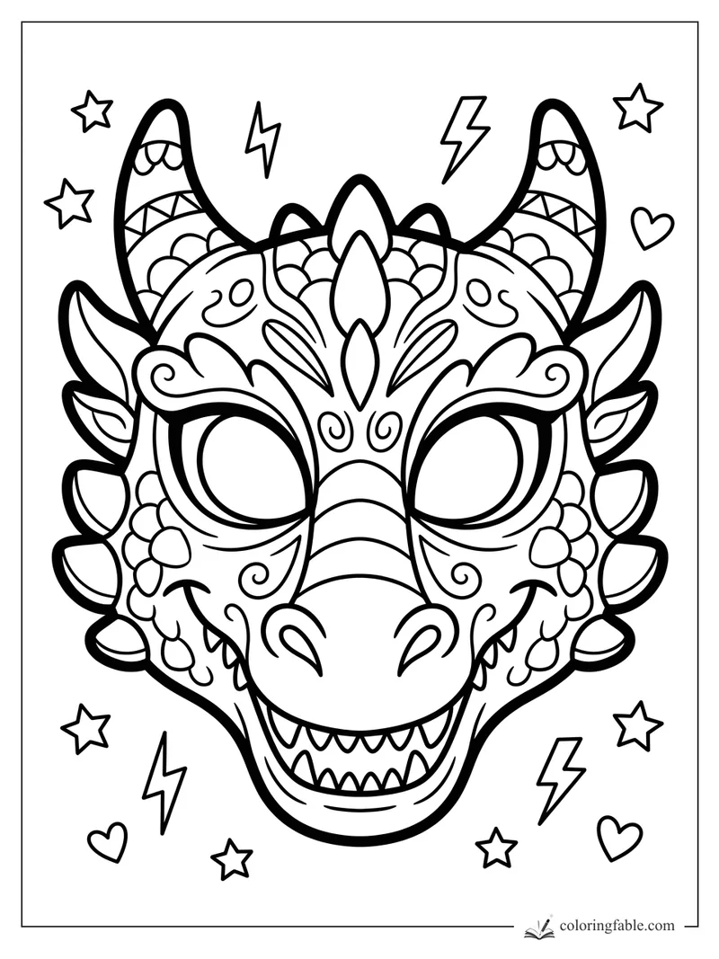 Easy dragon mask coloring page with big horns, leafy spikes, stars, hearts, and lightning bolts.