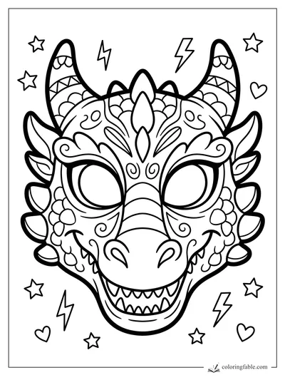 Easy dragon mask coloring page with big horns, leafy spikes, stars, hearts, and lightning bolts.
