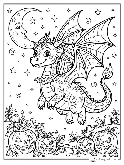 Cartoon dragon with webbed wings flying past a crescent moon, stars, pumpkins, and little gravestones.