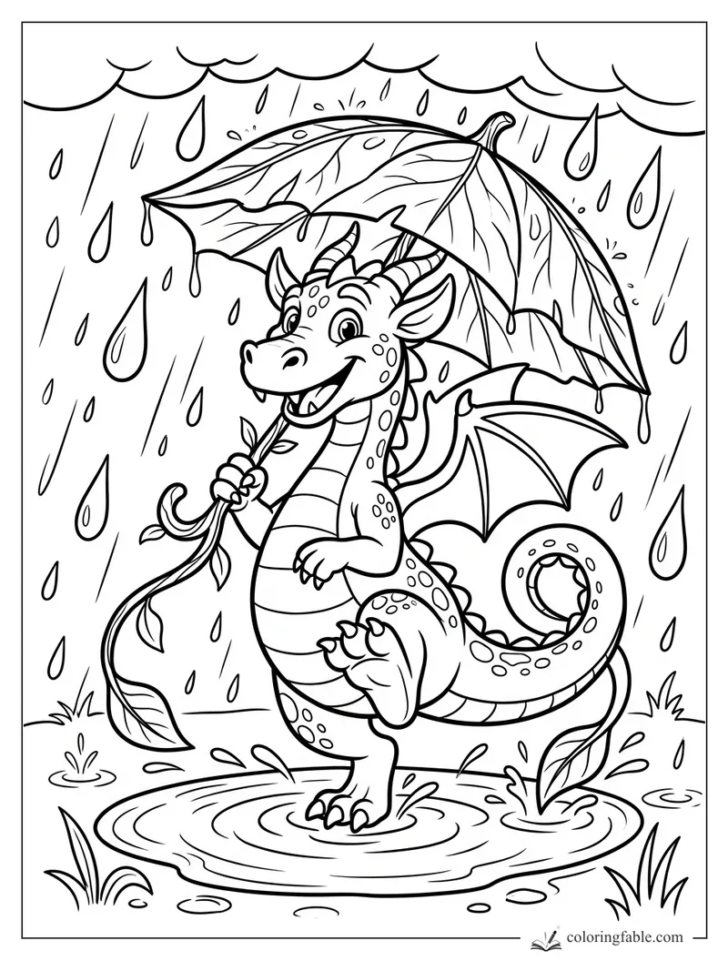 Cartoon dragon smiling in rain, holding a giant leaf umbrella while standing in a puddle.