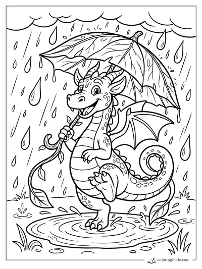 Cartoon dragon smiling in rain, holding a giant leaf umbrella while standing in a puddle.