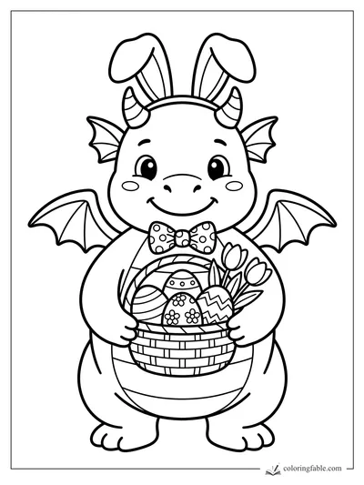 Kawaii dragon wearing bunny ears, holding an Easter basket with patterned eggs and tulips