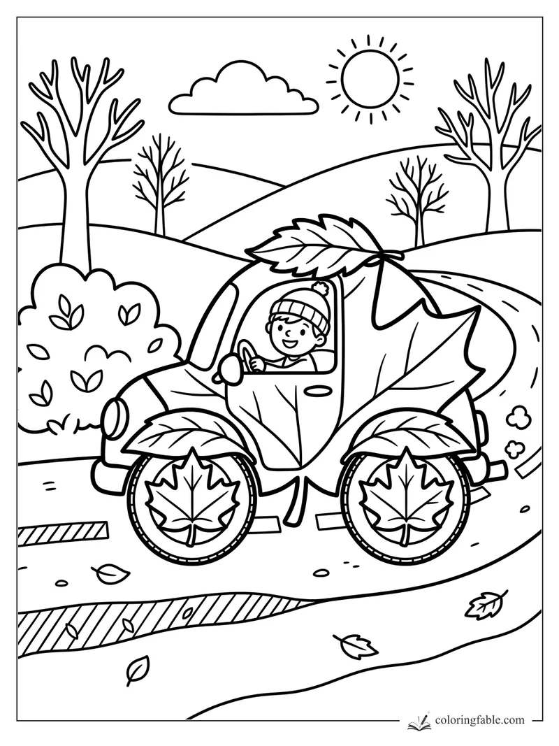 Child driving a car covered with big autumn leaves on a winding road