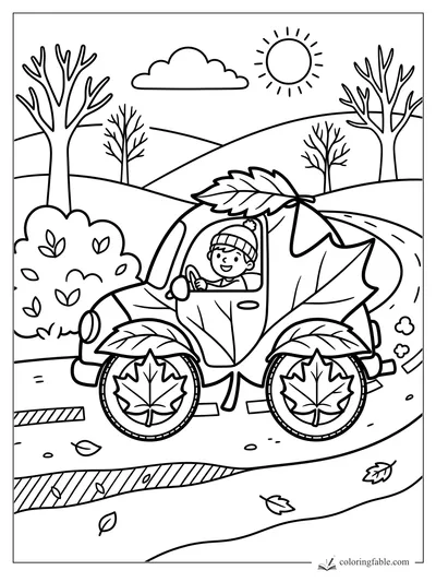 Child driving a car covered with big autumn leaves on a winding road