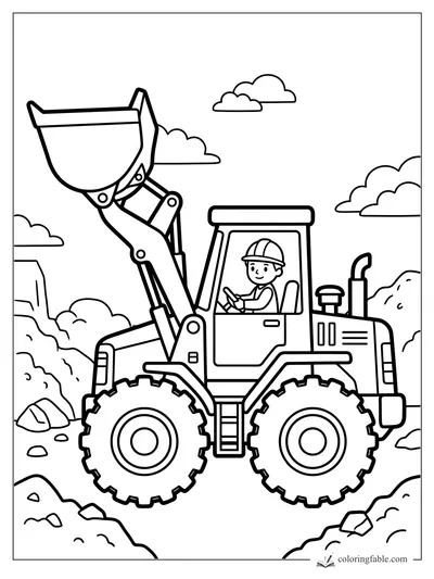 Bold easy coloring page of a front loader with raised bucket, smiling driver, rocks, dirt piles, and clouds