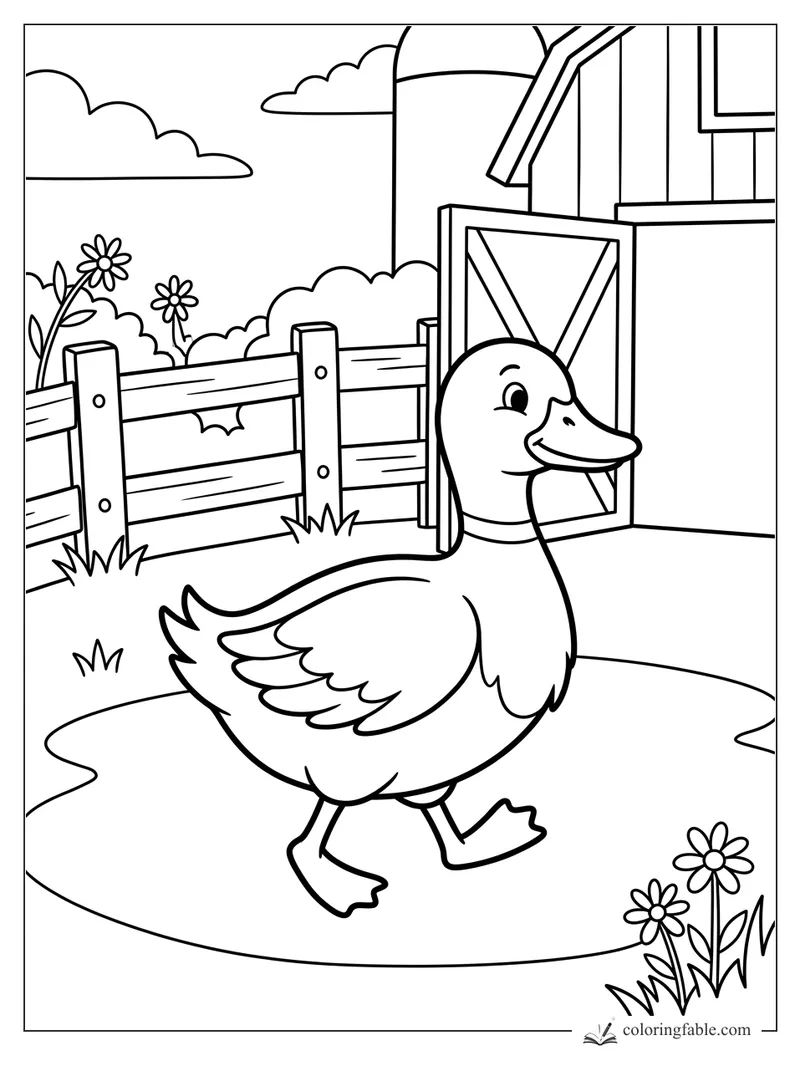 Smiling duck walking past a barn gate, wooden fence, puddle, daisies, grass, and clouds.