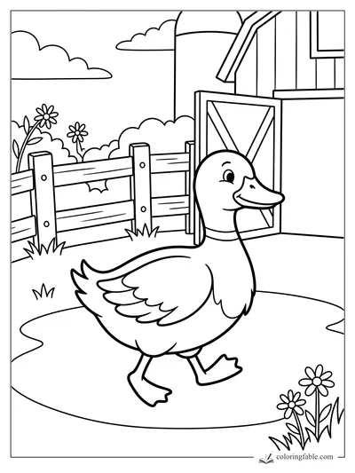 Smiling duck walking past a barn gate, wooden fence, puddle, daisies, grass, and clouds.