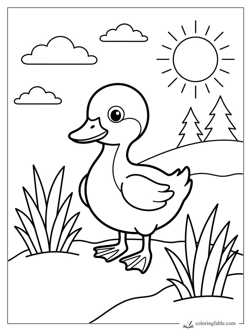 Bold easy duck coloring page with pond reeds, pine trees, clouds, and a bright sun