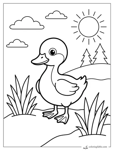 Bold easy duck coloring page with pond reeds, pine trees, clouds, and a bright sun