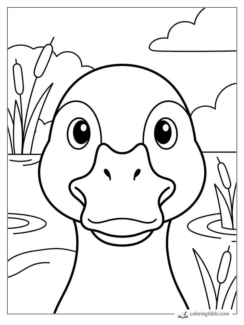Minimalist duck coloring page with a big smiling face, cattails, pond ripples, and clouds