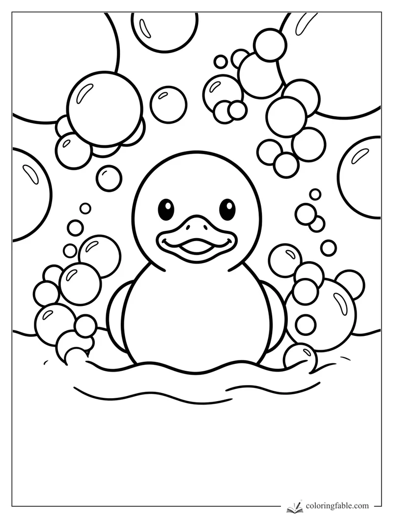 Cartoon duck smiling in foamy bath water with floating soap bubbles