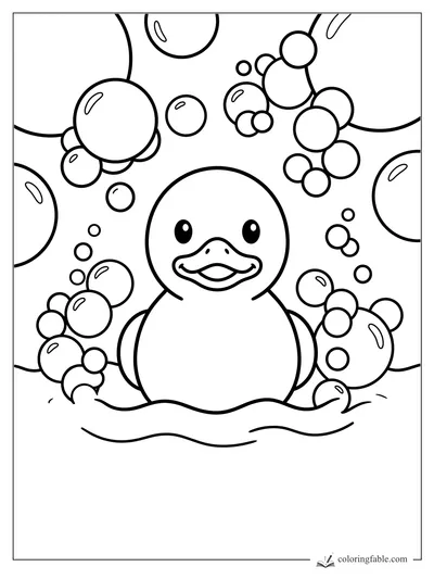 Cartoon duck smiling in foamy bath water with floating soap bubbles