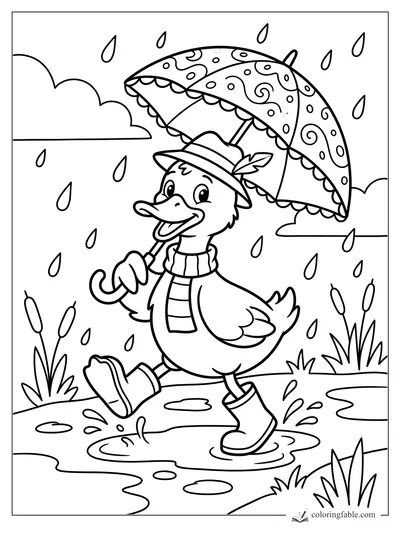 Cartoon duck in boots, scarf, and hat carrying a patterned umbrella through rain puddles