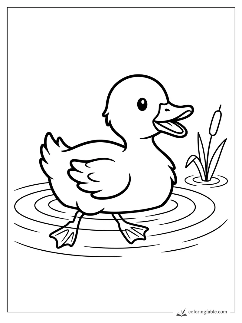 Cute duckling coloring page with open beak, pond ripples, webbed feet, and a cattail plant.