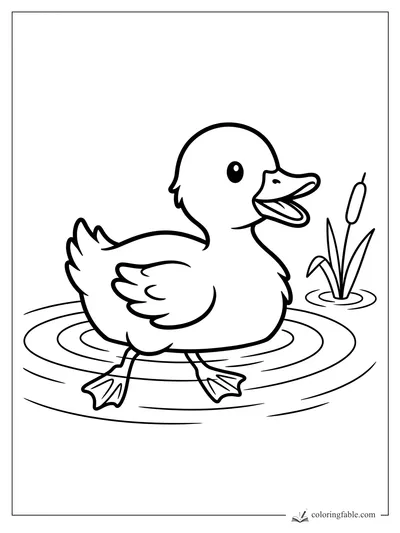 Cute duckling coloring page with open beak, pond ripples, webbed feet, and a cattail plant.