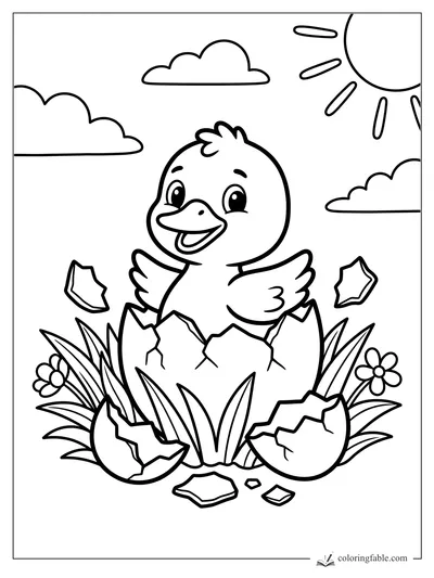 Cute duckling hatching from a cracked egg in grass with flowers, clouds, and a bright sun