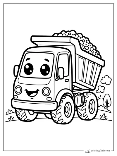 Kawaii dump truck smiling with a full bed of round rocks on a grassy road