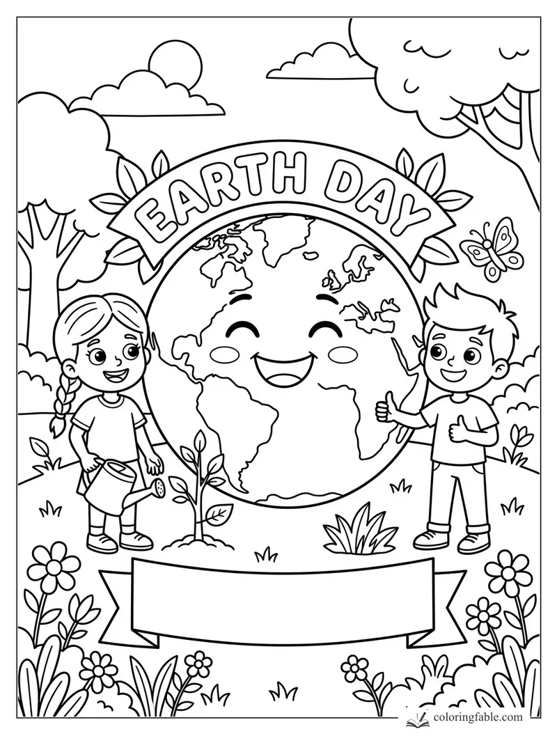 Earth Day coloring page with smiling globe, two kids, watering can, sapling, butterfly, trees, and flowers.