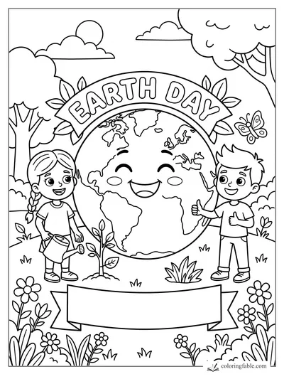 Earth Day coloring page with smiling globe, two kids, watering can, sapling, butterfly, trees, and flowers.