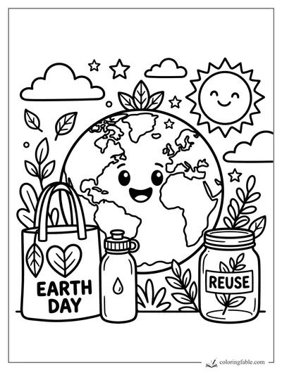 Smiling Earth with sun, clouds, plants, Earth Day tote, water bottle, and reuse jar coloring page