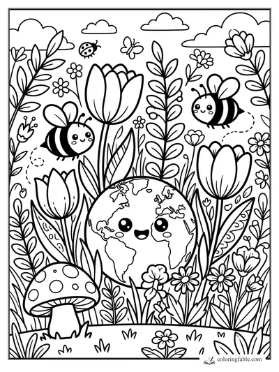 Kawaii Earth smiling among tulips, bees, daisies, leafy stems, clouds, and a spotted mushroom.