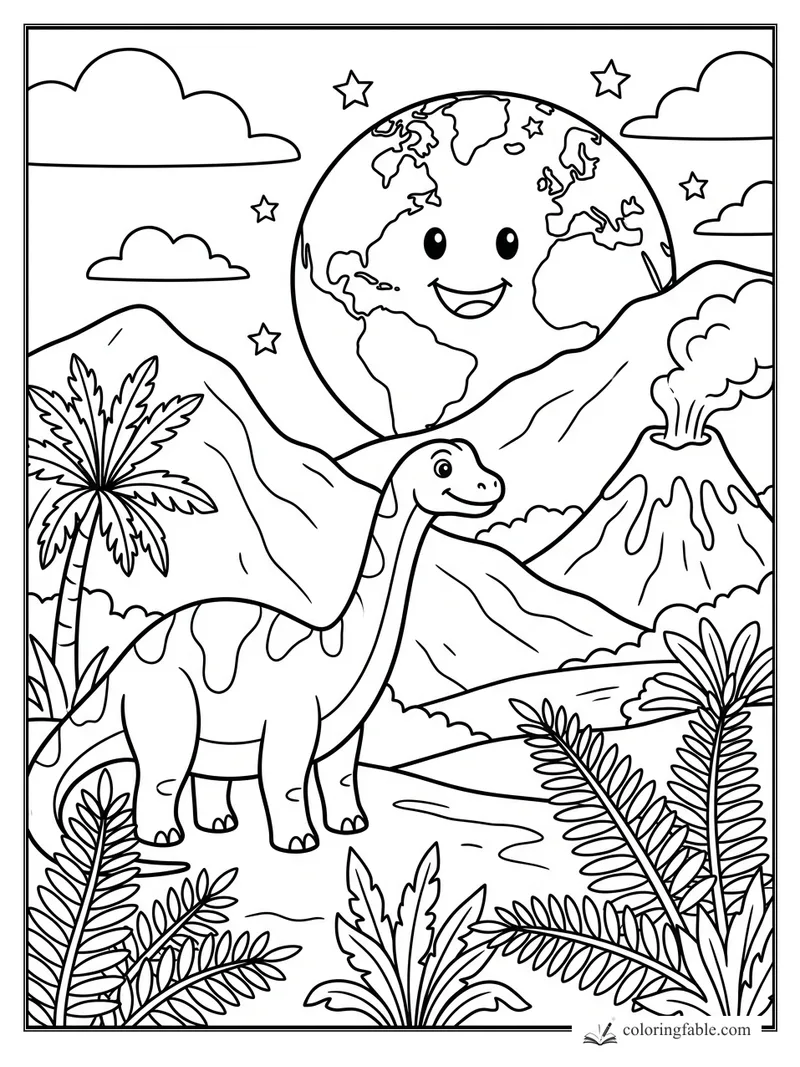 Smiling Earth above a long-neck dinosaur, volcano, mountains, stars, clouds, and jungle ferns.