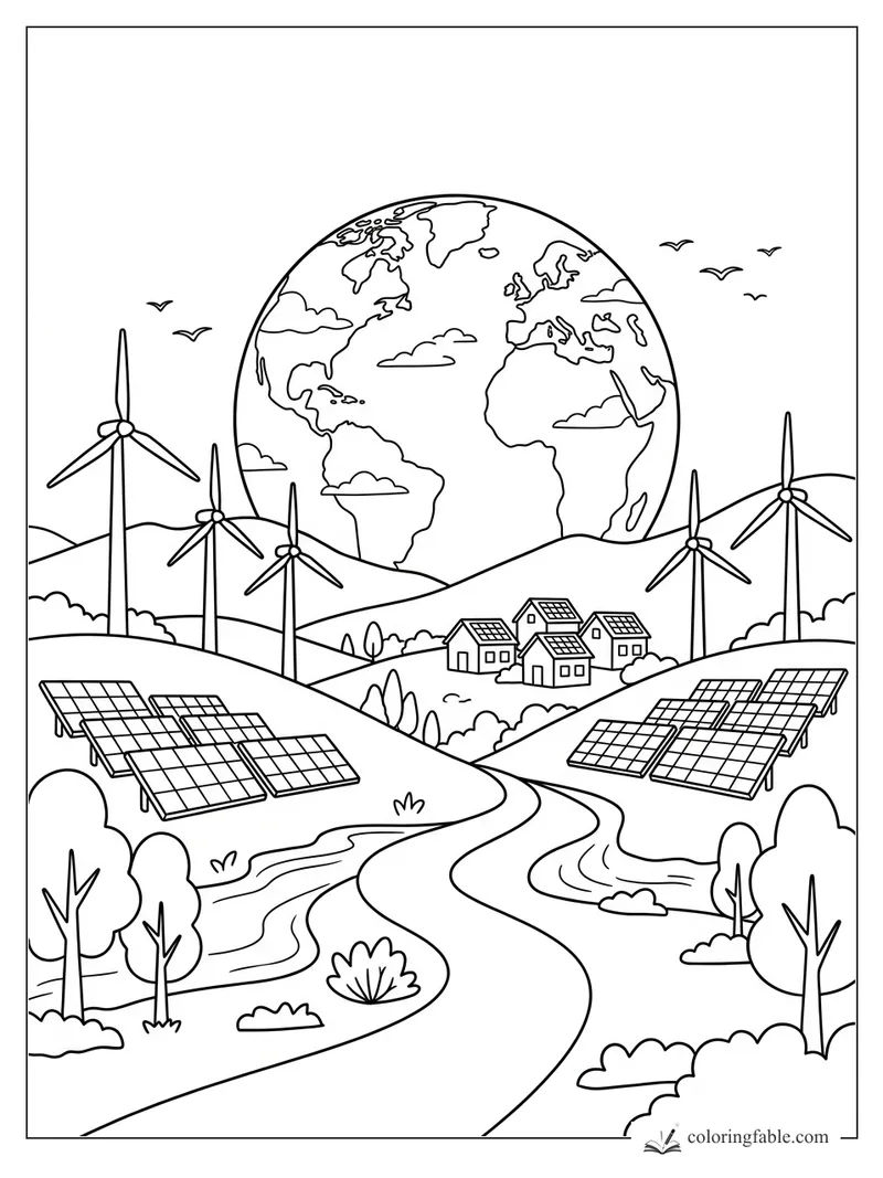 Earth above rolling hills with wind turbines, solar panels, small houses, birds, road, and river.