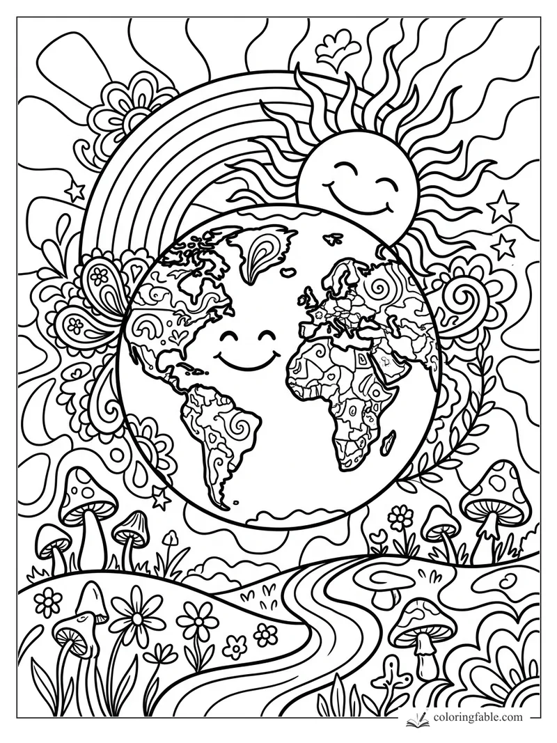 Smiling Earth with sun, rainbow, mushrooms, flowers, stars, and boho swirls coloring page
