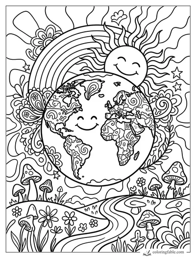 Smiling Earth with sun, rainbow, mushrooms, flowers, stars, and boho swirls coloring page