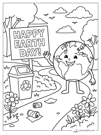 Smiling Earth waves beside a Happy Earth Day sign, recycling bin, flowers, clouds, birds, and litter.