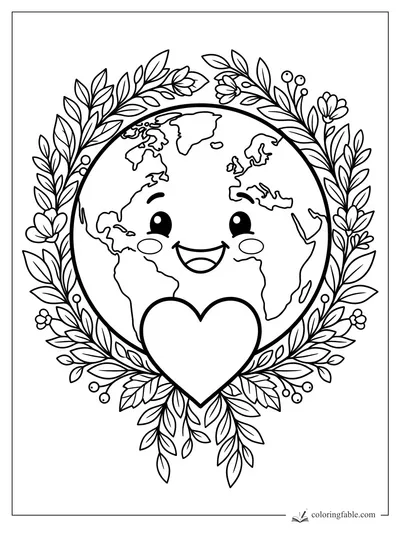 Cartoon Earth smiling with a heart and leafy flower wreath coloring page