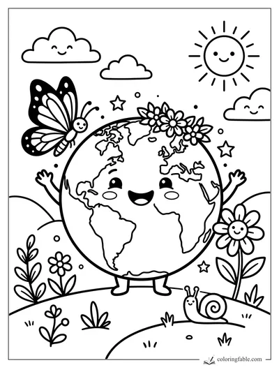 Smiling Earth with arms, a flower crown, butterfly, sun, clouds, stars, snail, and garden flowers